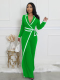 Color Block Long Sleeve Tie Up Jumpsuit QYMF-3249
