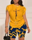 Plus Size Letter Print Short Sleeve Short Suit GSRX-9043