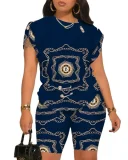 Plus Size Letter Print Short Sleeve Short Suit GSRX-9043