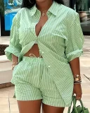 Plus Size Print Long Sleeve Shirt Two Piece Short Set GSRX-9060