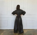 PU Leather Retro Loose Jumpsuit GRNH-28715