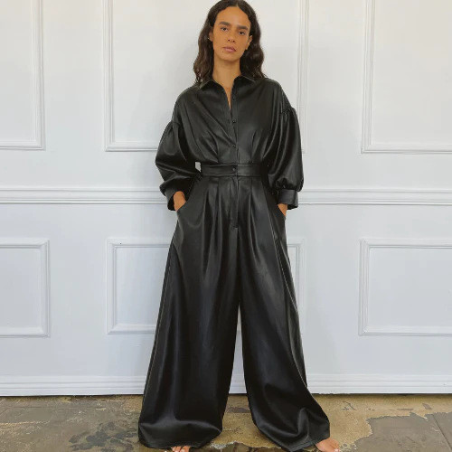 PU Leather Retro Loose Jumpsuit GRNH-28715