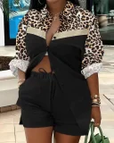 Plus Size Print Long Sleeve Shirt Two Piece Short Set GSRX-9060