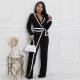 Color Block Long Sleeve Tie Up Jumpsuit QYMF-3249