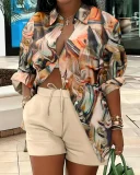 Plus Size Print Long Sleeve Shirt Two Piece Short Set GSRX-9060