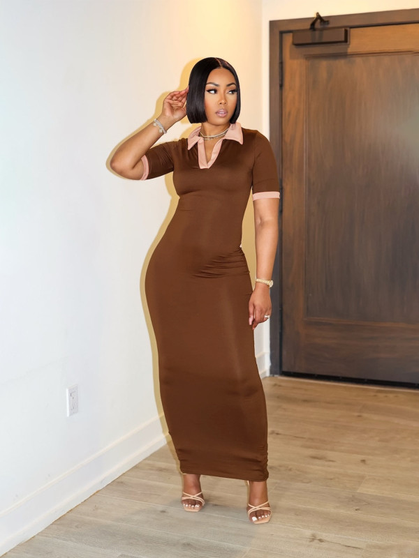 Short Sleeve Contrast Color Slim Long Dress BMF-TW628