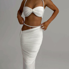 Pearl Halterneck Tops Long Skirt Mesh Set XEF-K25D81951
