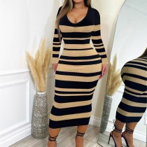 Stripe Print Long Sleeve Midi Dress GWSF-T239797084