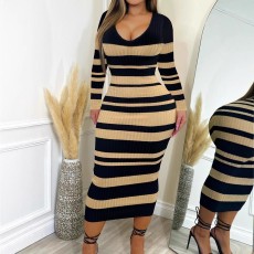 Stripe Print Long Sleeve Midi Dress GWSF-T239797084
