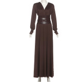 Retro Waist Cincher V-Neck Long-Sleeve Maxi Dress XEF-K25D83120