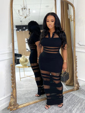 Mesh Patchwork Short Sleeve Maxi Dress BMF-TW760