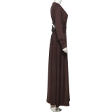 Retro Waist Cincher V-Neck Long-Sleeve Maxi Dress XEF-K25D83120