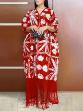 Plus Size V Neck Tassel Loose Print Maxi Dress GWSF-T502855095