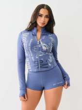 Zipper Long Sleeve Print Short Suit GMJL-XH2200