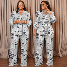 Newspaper-Printed Belt Long-Sleeve Pants Set BMF-TW507