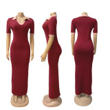Short Sleeve Contrast Color Slim Long Dress BMF-TW628