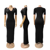 Short Sleeve Contrast Color Slim Long Dress BMF-TW628