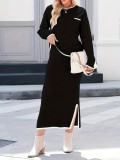 Plus Size O Neck Long Sleeve Tops Split Long Skirt Suit GAWE-6714