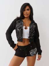 Letter Print Long Sleeve Hooded Shorts Suit GFCF-1416