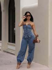 Fashion Denim Wrap Chest Two Piece Pants Set  MEM-88669