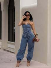 Fashion Denim Wrap Chest Two Piece Pants Set  MEM-88669