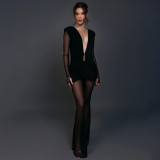 Mesh Pleated Deep V Neck Jumpsuit SHD-9571