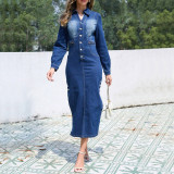 Lapel Neck Long Sleeve Denim Maxi Dress GDAM-218776