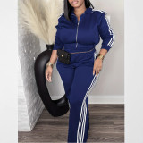 Plus Size Stripe Patchwork Zipper Two Piece Pants Set ZDF-33306