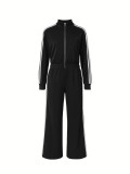 Plus Size Stripe Patchwork Zipper Two Piece Pants Set ZDF-33306