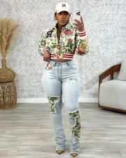 Plus Size Print Baseball Jacket (Includes Lining) TK-1496