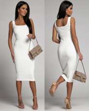 Solid Color U Neck Midi Dress GSZE-ST22037