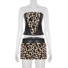 Leopard Furrzy Patchwork Skirt Suit GPKJ-MR27257/45634