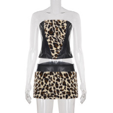 Leopard Furrzy Patchwork Skirt Suit GPKJ-MR27257/45634