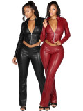 Leather Zipper Tops Two Piece Pants Set CH-25059
