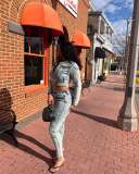 Patchwork Denim Two Piece Pants Set NYF-8200