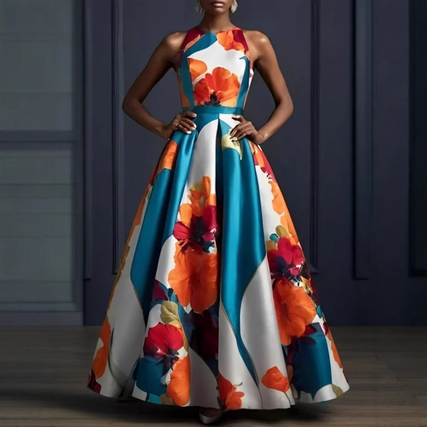 Sleeveless Print Big Swing Maxi Dress GXRF-QC122