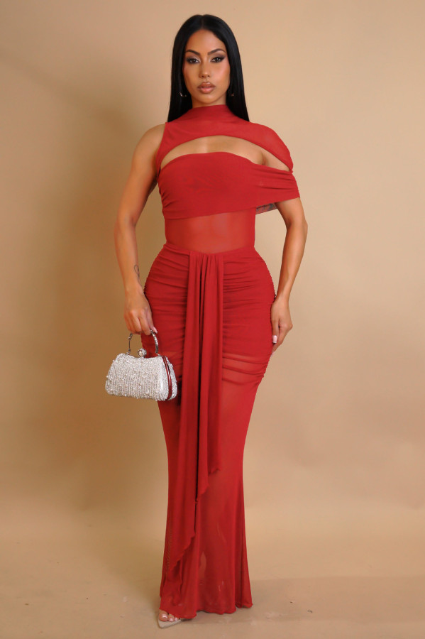 Hollow Out Mesh Ruched Dress 2 Piece Set GTYZ-7583