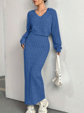 Loungewear Solid Color V Neck Skirt Suit YH-9028