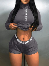 Letter Print Zipper Two Piece Shorts Set HNIF-1127