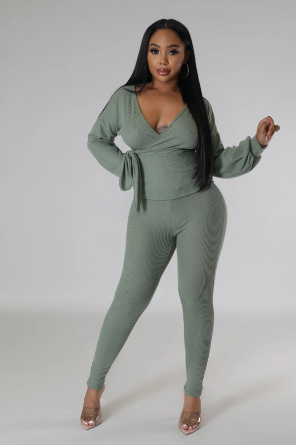 Solid Color Tie Up Two Piece Pants Suit XHXF-8729