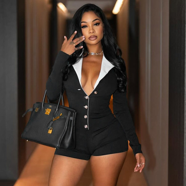Fashion Rose Metal Button Lapel Long Sleeve Rompers GSBD-J25RP228