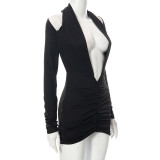 Solid Color Long Sleeve V-neck Mini Dress GSBD-C21DS456