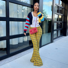 Fashion Vintage Plaid Print Flared Pants GSBD-D25PT453