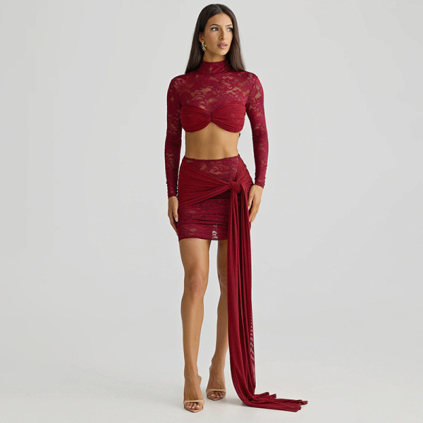 Sexy Lace Long Sleeve Top Short Skirt Suit GSBD-D25ST402