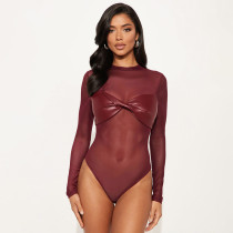 Solid Color Sexy Mesh PU Leather Long Sleeve Bodysuit GSBD-J25BS353