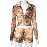 Printed Long Sleeve Zip-up Top And Shorts Two Piece Set GSBD-D25ST283