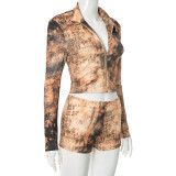 Printed Long Sleeve Zip-up Top And Shorts Two Piece Set GSBD-D25ST283