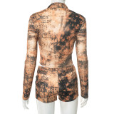 Printed Long Sleeve Zip-up Top And Shorts Two Piece Set GSBD-D25ST283