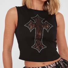 Cross Embroidered Rhinestone Pattern Tank Tops GSBD-Q25TP165