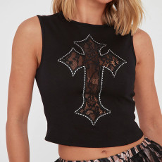 Cross Embroidered Rhinestone Pattern Tank Tops GSBD-Q25TP165